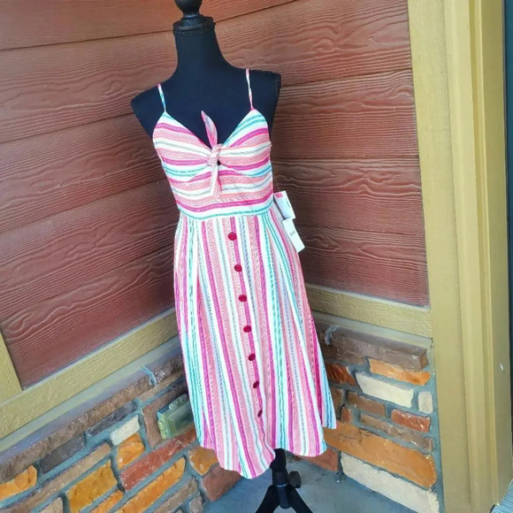 NWT TEEZE ME Pink Striped Spaghetti Strap Sweetheart Neckline Midi Dress Juniors - Picture 2 of 11